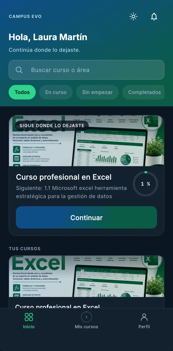 Inicio de la app en tema oscuro, con el curso en marcha y el botón Continuar