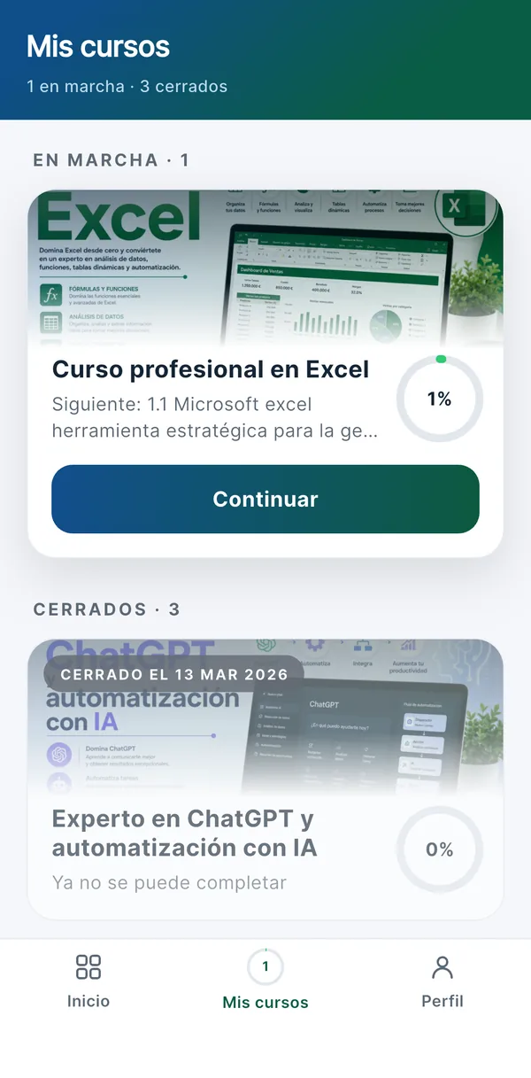 Pantalla Mis cursos de la app en tema claro